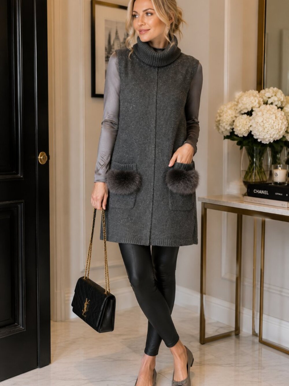 Rudsak Grey Long Sleeveless Sweater Vest – Removable Real Rabbit Fur
